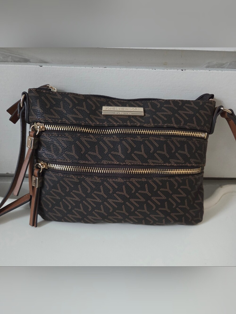 JONES NEW YORK Brown Vegan Leather Signature Print Crossbody Bag Gold Hardware